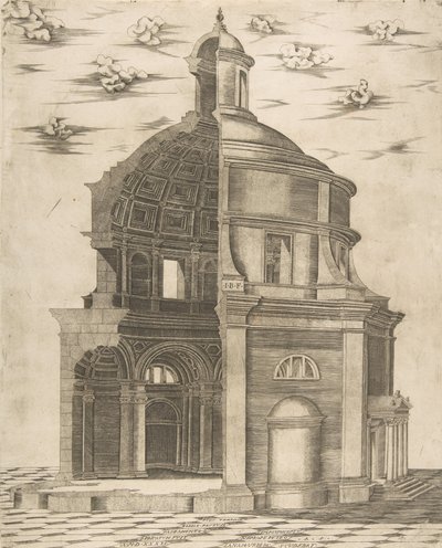 Vnější a vnitřní část chrámu v Římě zasvěceného Neptunovi, 1541. od Giulio Bonasone