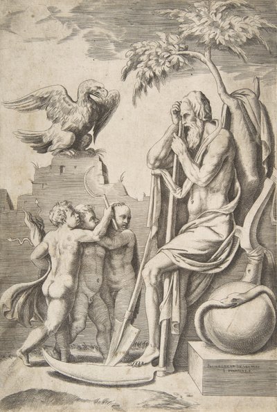 Otec Čas vpravo opřený o kosu, tři nazí chlapci a orel vlevo, 1..., 1531-76. od Giulio Bonasone