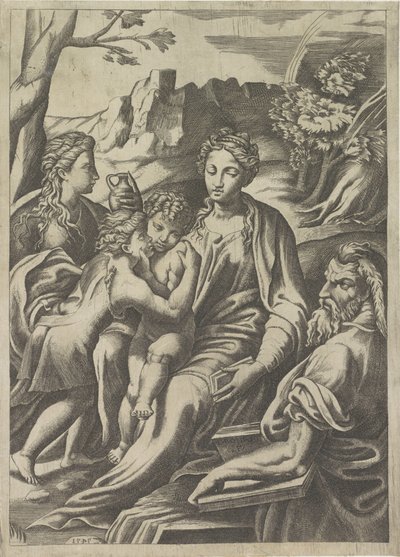 Svatá rodina s mladým Janem Křtitelem a Marií Magdalenou od Giulio Bonasone