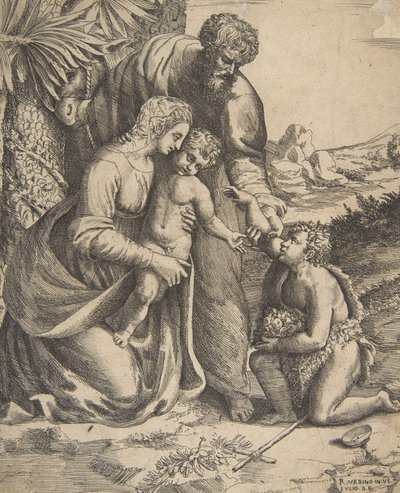 Svatá rodina se svatým Janem Křtitelem, který klečí vpravo, 1531-76. od Giulio Bonasone