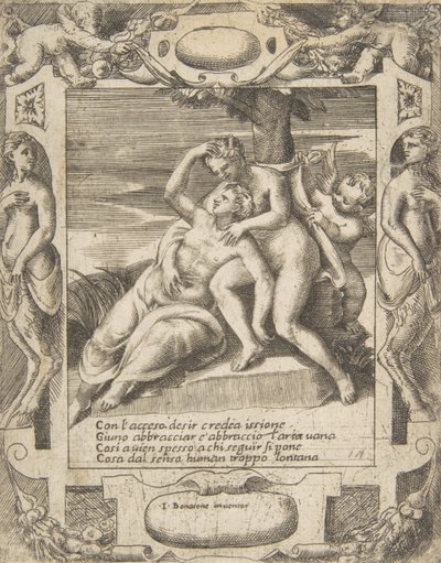 Ixion objímá mrak, myslí si, že je to Juno, Amor vpravo, zasazený do elaboru..., 1531-76. od Giulio Bonasone