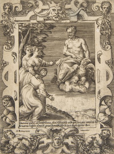 Juno vlevo žádá Jupitera, aby pomohl Řekům, zasazeným do propracovaného rámce, z 