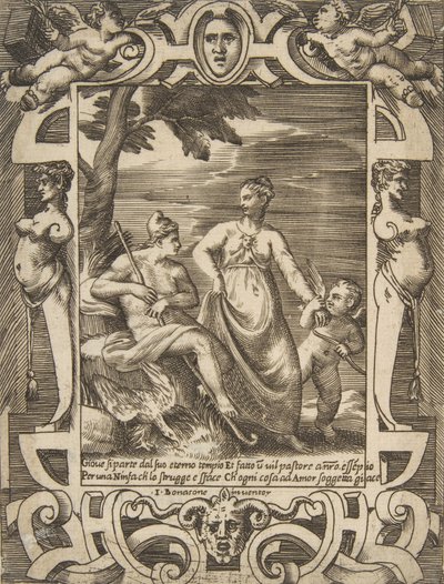 Jupiter vlevo v podobě pastýře doprovázeného Mnemosyne, zasazený do elabo..., 1531-76. od Giulio Bonasone