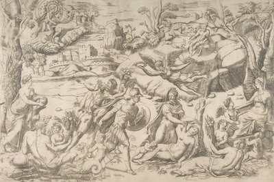 Mars a Rhea Silvia: uprostřed Mars drží štít a meč, Rhea Silvia spí..., cca 1531-76. od Giulio Bonasone