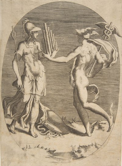 Merkur představuje Panpipe Minervě, která stojí vlevo, oválná kompozice, 1531-76. od Giulio Bonasone