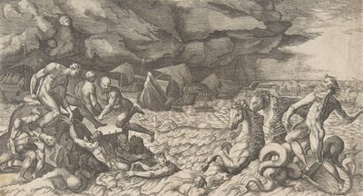 Neptun uklidnil Bouři Aeolus vznesenou proti flotile Aeneas, 1531-76. od Giulio Bonasone