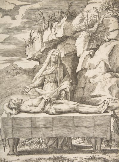 Pieta, Kristus natažený na stole v krajině, Panna stojící za pažemi ..., 1531-76. od Giulio Bonasone