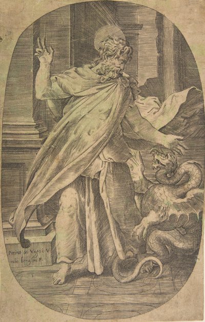 Svatý Pavel překonávající zmiji, v architektonickém prostředí, oválná kompozice, ca. 1540-70. od Giulio Bonasone