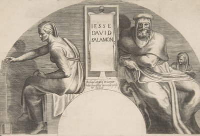 Předkové Krista lemující desku s nápisem, klenutá horní kompozice, 1531-76. od Giulio Bonasone