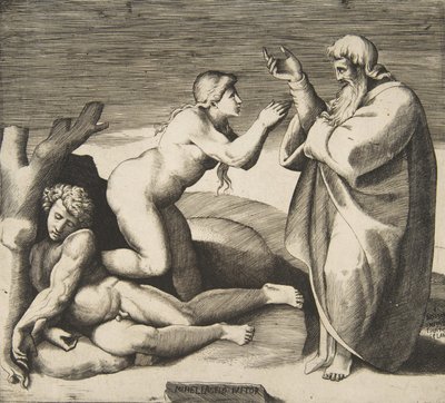 Stvoření Evy, která se vynoří zpoza Adama, ca. 1530-70. od Giulio Bonasone