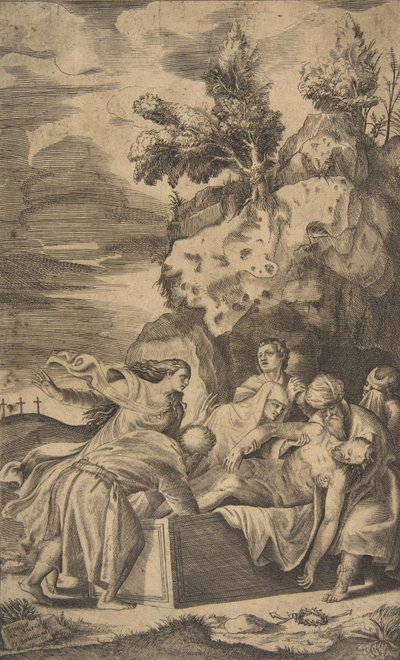 Pohřeb Krista, kříže na Kalvárii viditelné v levém pozadí, 1563. od Giulio Bonasone