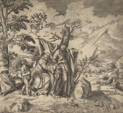 Zbytek Svaté rodiny na jejich útěku do Egypta, 1531-76. od Giulio Bonasone