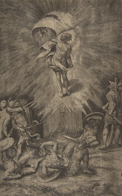 Vzkříšení Krista, v pravici drží korouhev, vojáci obklopující t..., 1561. od Giulio Bonasone