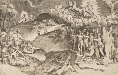 Triumf lásky, Amor jedoucí na voze taženém jednorožcem je vpravo nahoře, nahý ..., 1545. od Giulio Bonasone