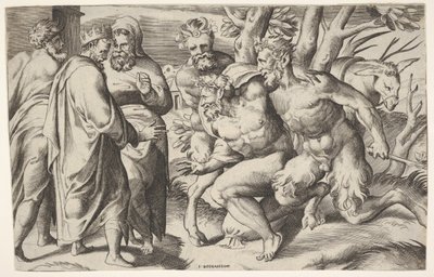 Dva satyrové vedou Silena ke králi Midasovi, který stojí vlevo se dvěma mužskými průvodci..., ca. 1550-80. od Giulio Bonasone