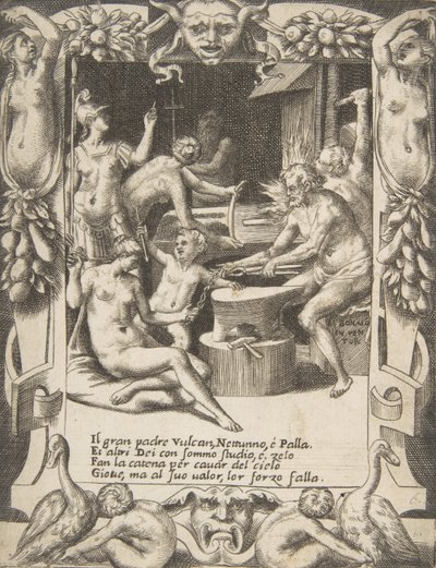 Vulkán, Neptun, Athéna a další bohové vytvářejí okovy, aby vytáhli Jupitera z nebes..., 1531-76. od Giulio Bonasone