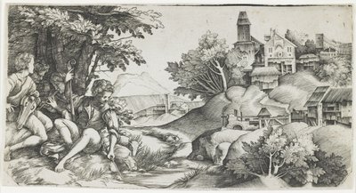 Pastýři v krajině, c. 1517-1518 od Giulio Campagnola