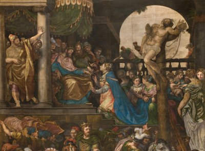 Stěna naproti protifasádě jižní příčné lodi, Giuseppe Campi, Triumph of Mordecai 1567, Detail vysoká část od Giulio Campi