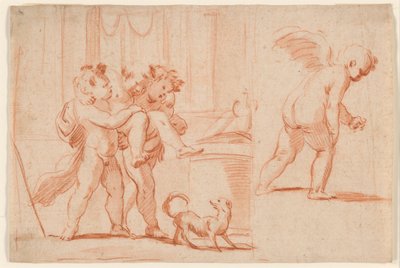 Dva Putti nesoucí třetí Putto; Další Putto zezadu od Giulio Carpioni
