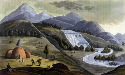 Krajina Laponska (území patřící Norsku, Švédsku, Finsku a Rusku), obydlí domorodých (Sámů) v „“Starém a moderním kostýmu““ od Ferrario, ed. Milán od Giulio Ferrario