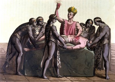 Topiltzin (velekněz starověkých mexických civilizací) přinášející lidskou oběť – v „Starověkém a moderním kostýmu““ od J. ferraria od Giulio Ferrario