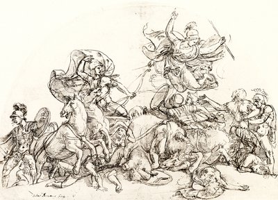 Diomedes, zraněný Pandarem, je utěšován Pallas Athene od Giulio Romano