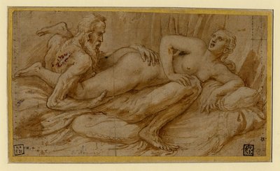 Erotická scéna par Romano, Giulio (1499-1546), po roce 1524 - pero, štětec, hnědý tuš, bílá barva, černá křída na papíře od Giulio Romano