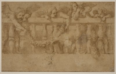 Čtyři okřídlení putti zdobící balustrádu s girlandami od Giulio Romano