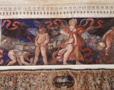 Vlys z Camera con Fregio di Amorini Komnata Amora Detail vlysu močícího amora do džbánu, freska z 20. let 16. století od Giulio Romano