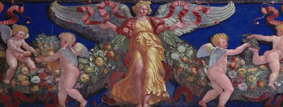 Vlys z Camera con Fregio di Amorini Komnata Amor Vlysový detail anděla ve zlatých šatech s roztaženými křídly, freska z 20. let 16. století od Giulio Romano