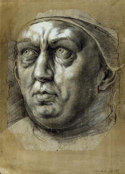 Hlava papeže Lva X (černé a bílé křídy na papíře) od Giulio Romano