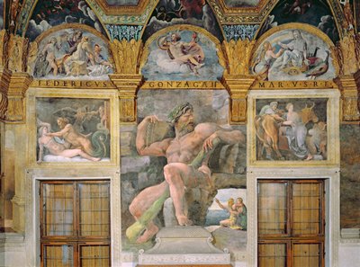 Olympia svedena Jupiterem, Polyphemus střežící Acis a Galateu, Pasiphae vstupující do krávy postavené Daedalem ze Sala di Amore e Psiche od Giulio Romano