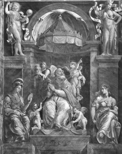 Papež Damasus I (asi 304-384) mezi Prudence a Peace, Raphael Rooms (viz také 252796 a 252797) od Giulio Romano