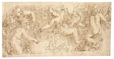 Putti sbírá hrozny: Design pro vlys od Giulio Romano