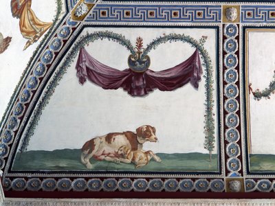 Camera con Fregio di Amorini Komnata Amorova vlysu detail psa a štěněte, freska z roku 1520 od Giulio Romano