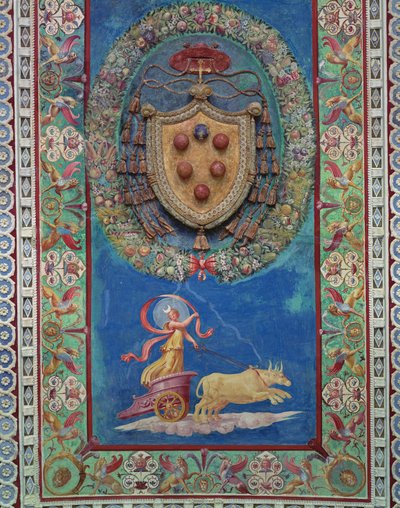 Camera con Fregio di Amorini Komnata Amorova vlys detail centrální plochy stropu zdobený reliéfem erbu Medicejských a alegorií noci, fresky a stu z 20. let 16. století od Giulio Romano