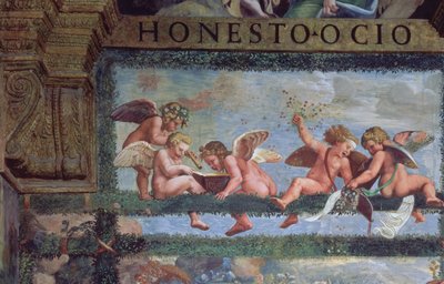 Rustikální hostina, detail muzicírujících putti, ze Sala di Amore e Psiche, 1528 detail fresky z 78428 od Giulio Romano
