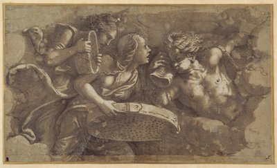 Vestal Tuccia se sítem (pero a hnědý inkoust s hnědým praním na papíře) od Giulio Romano