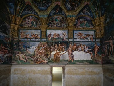 Svatební hostina nebo Banket bohů, freska Giulio Romano (1499-1546), západní stěna komory Amor a Psyché, Palazzo Te, Mantua (Seznam světového dědictví UNESCO, 2008), Lombardie, Itálie od Giulio Romano