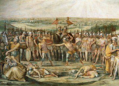 Boj mezi Horatii a Curiatii, Giuseppe Cesari (1568-1640), freska, Hall of Horatii a Curiatii, Palácové konzervatoře, Řím. Římská říše, Itálie, 7. století před naším letopočtem. od Giuseppe Cesari