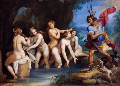 Diana a Actaeon - Obraz Giuseppe Cesari (1568-1640), olej na mědi, kolem 1604, 50x69 cm - Diana a Actaeon, Olej na mědi od Giuseppe Cesariho - Szepmuveszeti Muzeum, Budapešť od Giuseppe Cesari