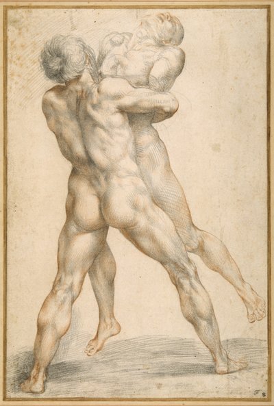 Herkules zápasí s Antaeem (černé a červené křídy na bílém papíře) od Giuseppe Cesari