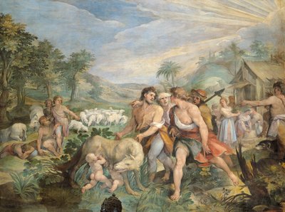 Romulus a Remus, kojení vlkem, nalezené Faustulusem na břehu Tibery, od Giuseppe Cesariho (1568-1640), freska, sál Horatii a Curiatii, palác konzervatoří, Řím, Římské království, Itálie od Giuseppe Cesari
