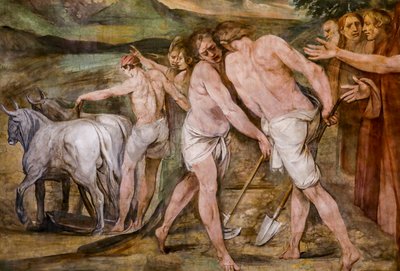 Romulus orá hraniční čáru kolem budoucího města Říma (detail) od Giuseppe Cesari