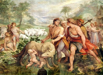 Romulus kojený vlčicí ze Sala dei Horatii e Curacii (freska) od Giuseppe Cesari