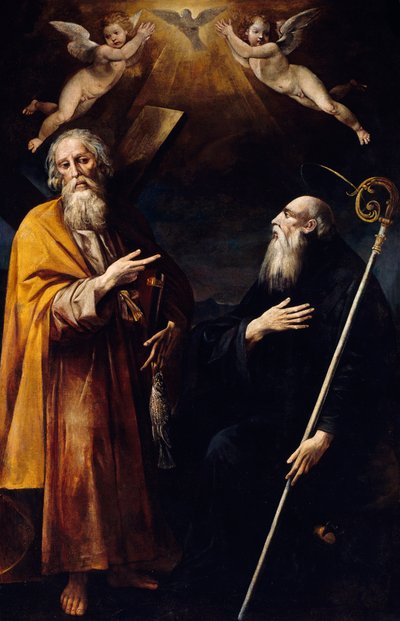 Svatí Ondřej a Benedikt s Duchem svatým nad nimi a dvěma zbožňujícími putti, od Giuseppe Cesariho zvaného Cavalier d