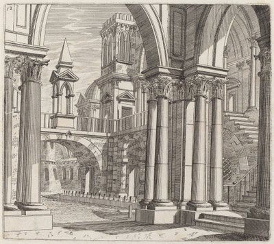Architektonická fantazie s budovami, schodišti a portály vedle kanálu od Giuseppe Antonio Landi