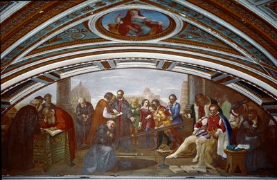 Galileo Galilei dit Galilee (1564-1642) demonstruje zákon týkající se pádu a gravitace. Galilee demonstruje zkušenost s nakloněným plánem během veřejné přednášky v Pise. Obraz Giuseppe Bezzuoli (1784-1855) od Giuseppe Bezzuoli