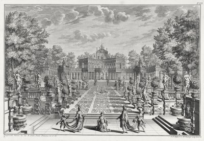 Prostředí pro operu v zahradě, od Architectus Theatralis Primarius, ryté Johannem Andreasem Pfeffelem (1674-1748), vydáno 1740 od Giuseppe Bibiena