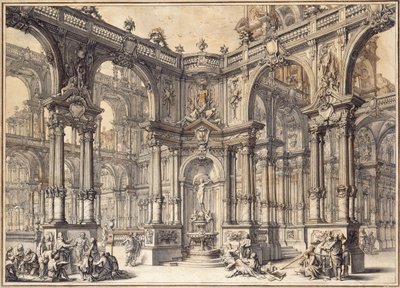 Portico italského paláce s fontánou zdobenou sochou Fortune, od Giuseppe Bibiena